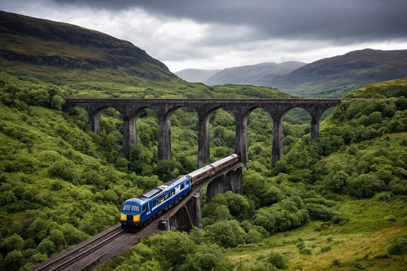 A blue train travels across a stone bridge through green hills under a cloudy sky.