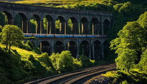 A blue train travels across a stone viaduct through sunlit green hills and forests.