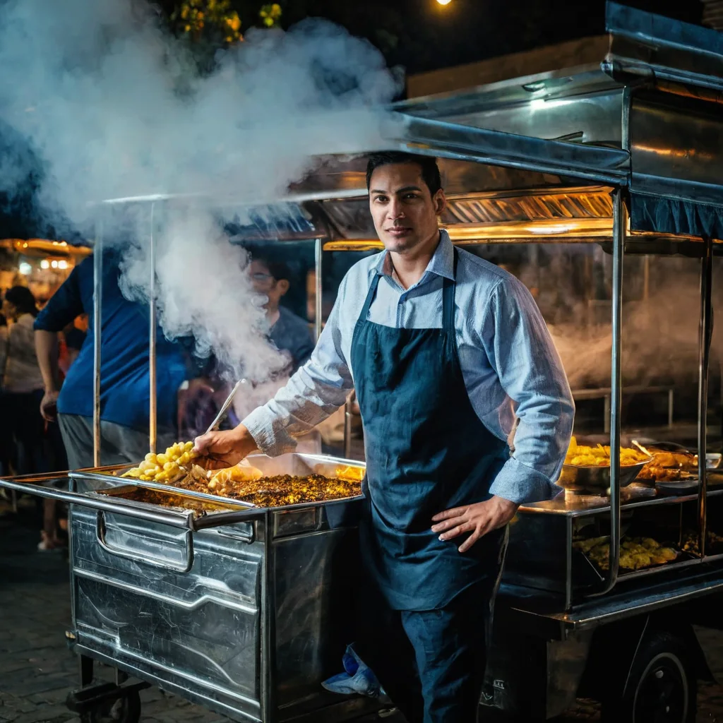 A man in a blue apron serves steaming street food from a metal cart at night.