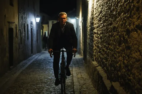 A man in a dark suit rides a bicycle down a narrow cobblestone alley at night illuminated by warm streetlights casting long shadows on textured stone walls.
