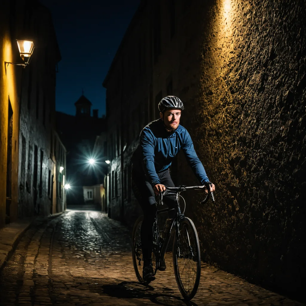 A man riding a bicycle through a dimly lit cobblestone alley at night.