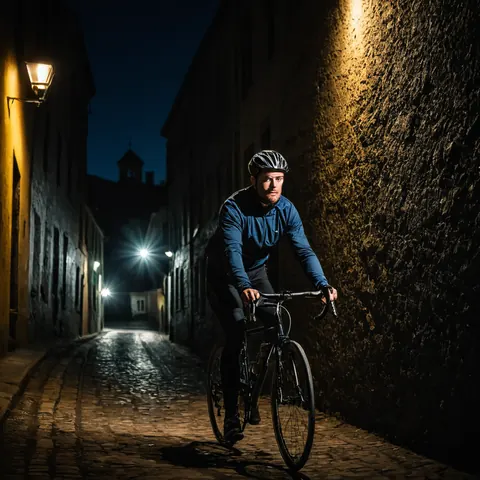 A man riding a bicycle through a dimly lit cobblestone alley at night.