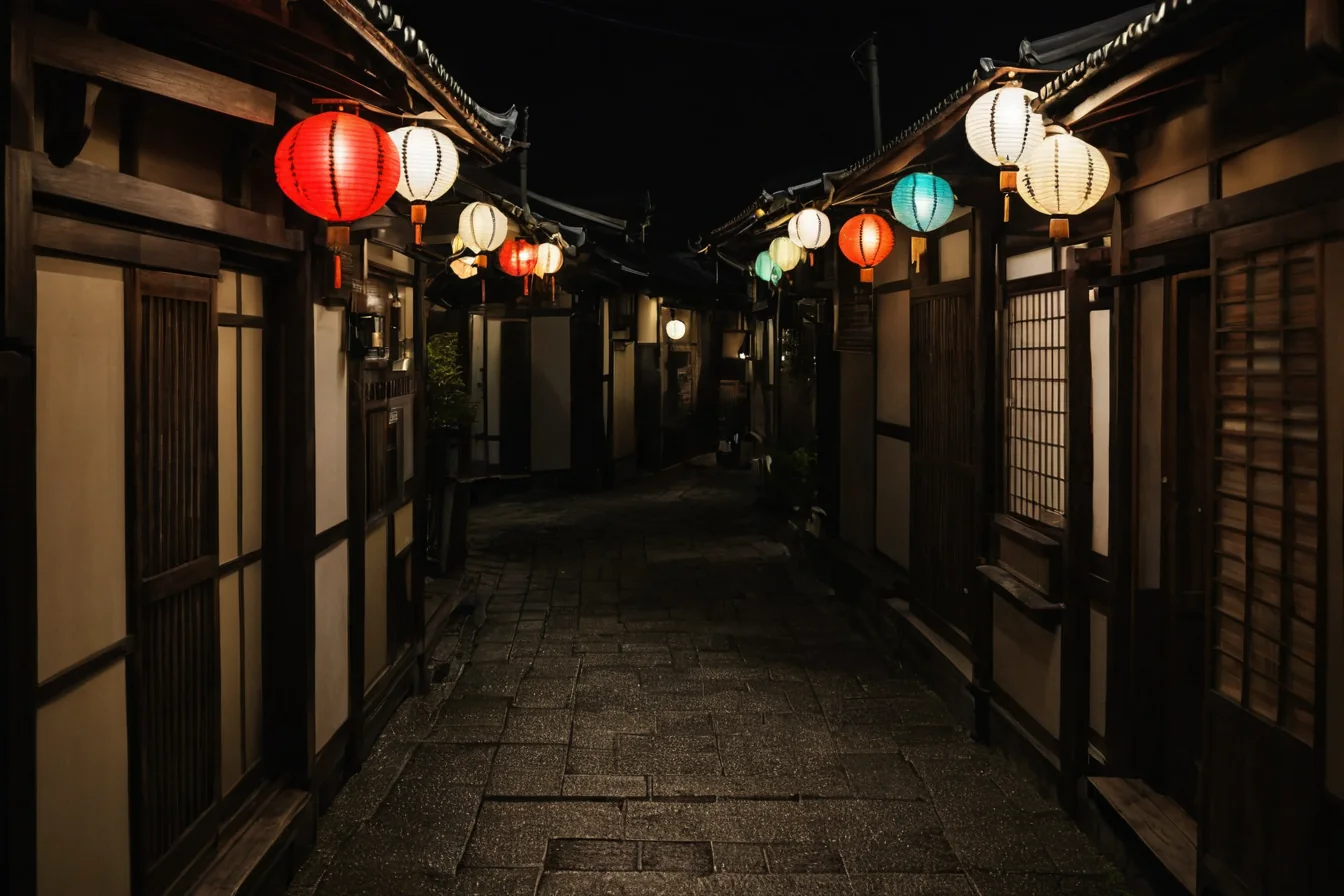 A quiet night alley with glowing paper lanterns hanging between traditional wooden buildings.