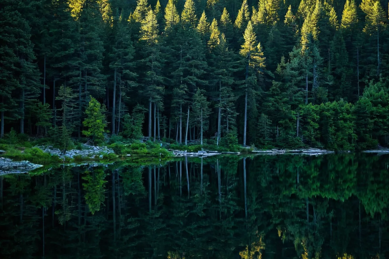 A serene forest lake with tall pine trees reflecting perfectly in calm water under golden sunlight.