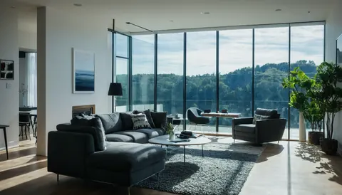 A sleek modern living room with large windows showing a forested hillside.