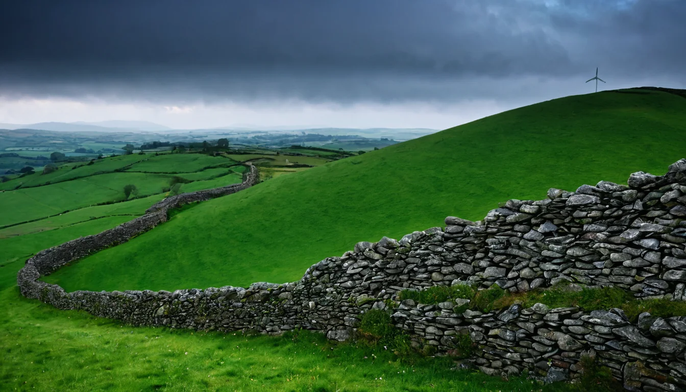 A stone wall curves through lush green hills under a stormy sky with a wind turbine in the distance.