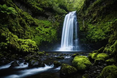 A waterfall flows through a mossy forest with ferns and rocks