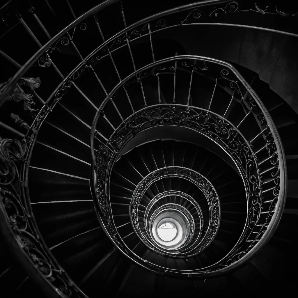 Black and white spiral staircase with ornate iron railings leading downward to a bright circular opening.