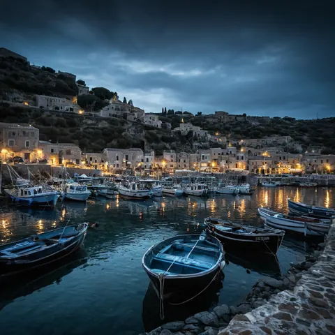 Boats docked in a quiet harbor at twilight with warm lights reflecting on water near stone buildings.