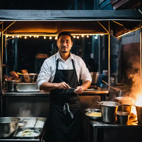 Chef cooking street food at night with steam rising from pots under warm lights
