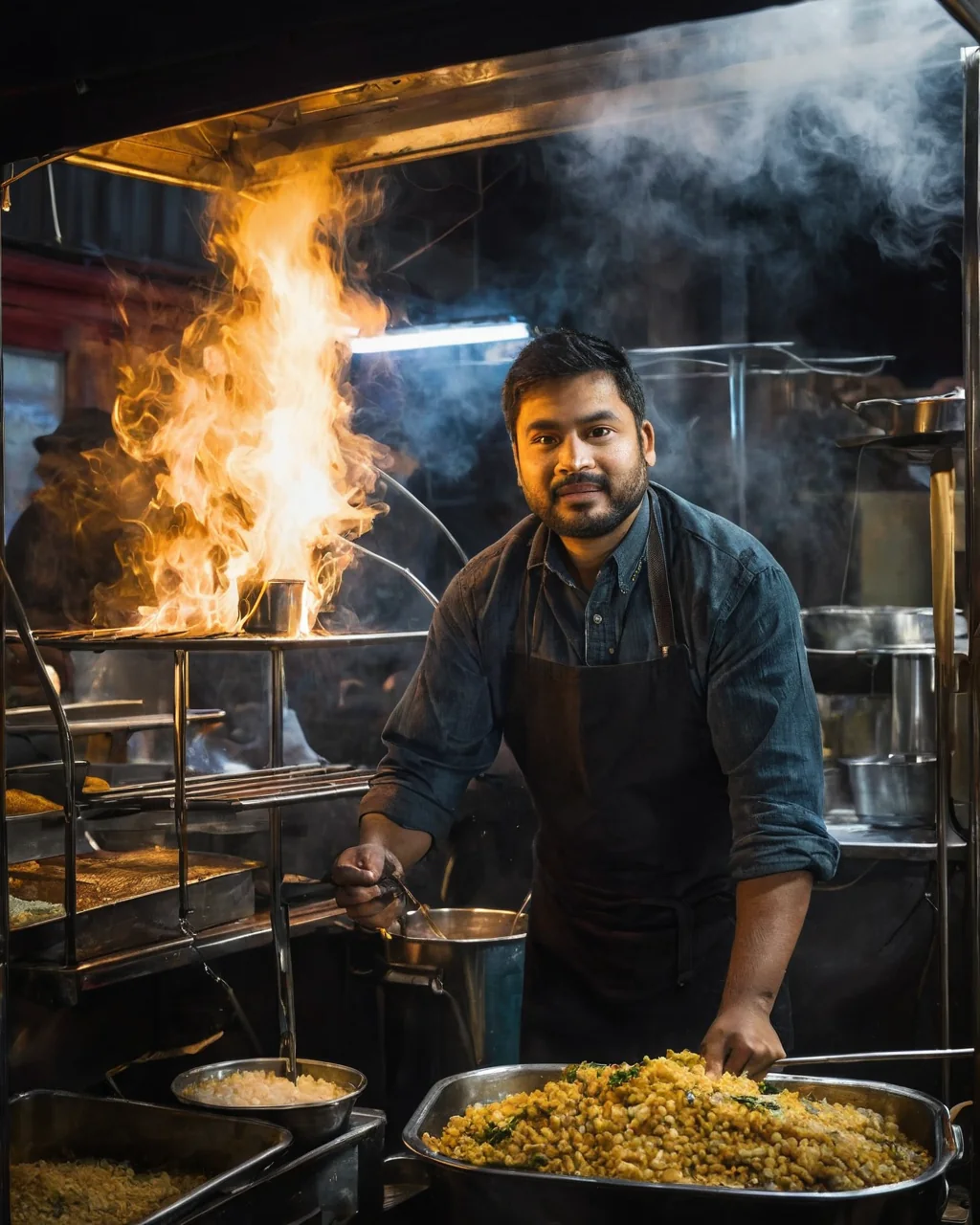 Chef preparing steaming yellow rice dishes behind a flaming street food stall at night