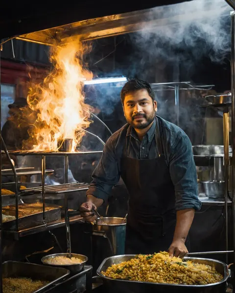 Chef preparing steaming yellow rice dishes behind a flaming street food stall at night
