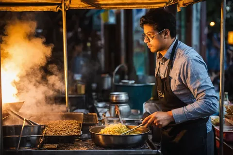 Chef stirring rice at a street food stall with steam rising from a hot stove.