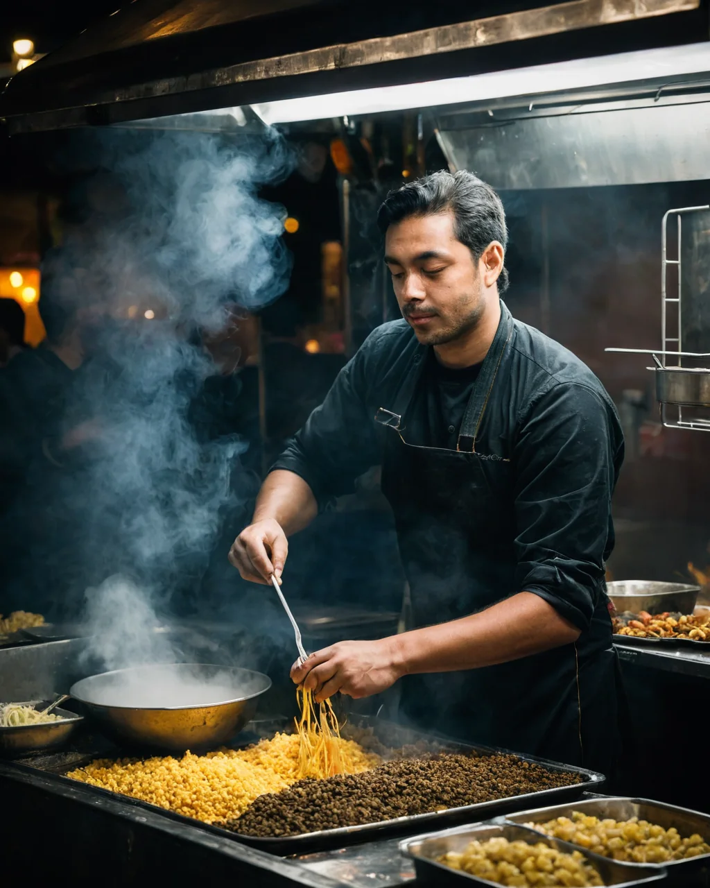 Chef stirring steaming yellow noodles on a hot griddle in a smoky kitchen.