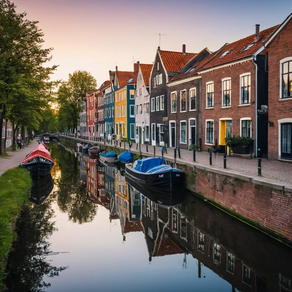 Colorful houses and boats along a calm canal with perfect reflections at sunset.