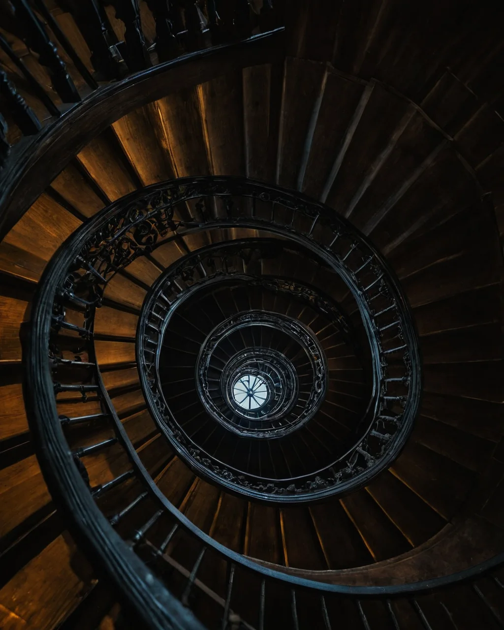 Dark wooden spiral staircase with black iron railings leading to a skylight