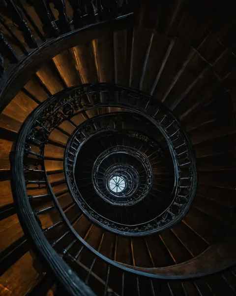Dark wooden spiral staircase with black iron railings leading to a skylight