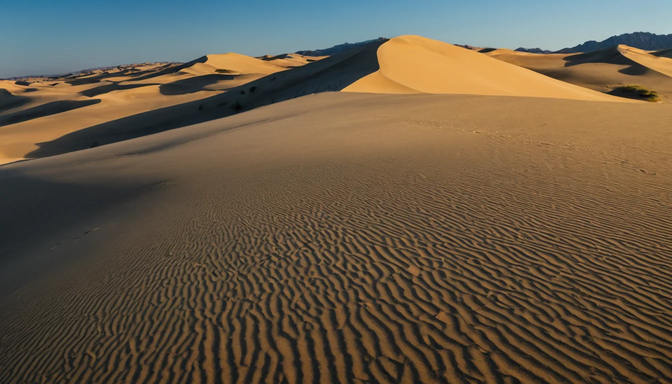Golden sand dunes with rippled textures under a clear blue sky with distant mountains
