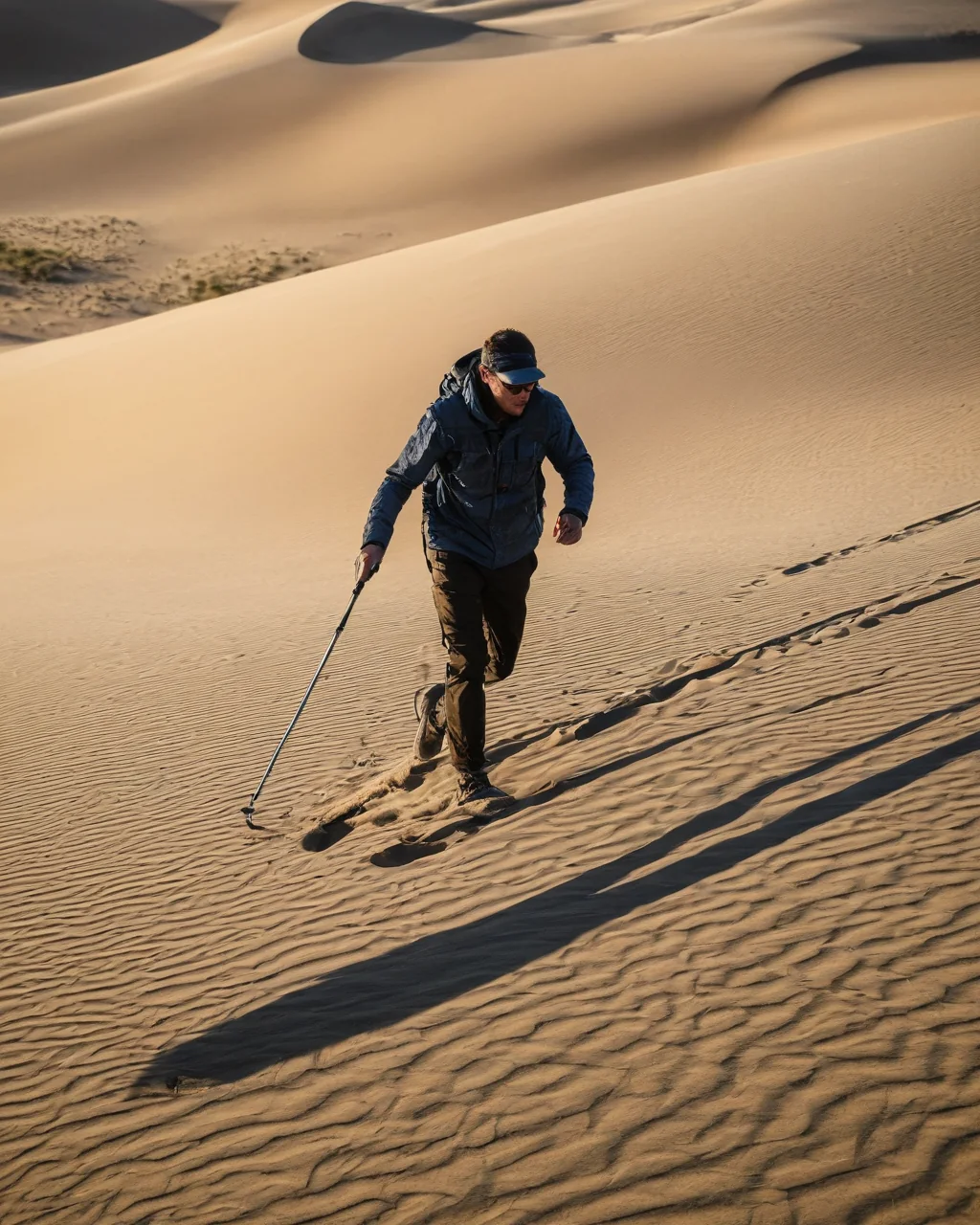 Hiker climbing sand dune with trekking pole at golden hour