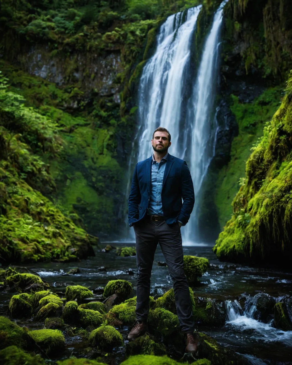 Man in blue blazer standing on mossy rocks in front of a waterfall in a green forest