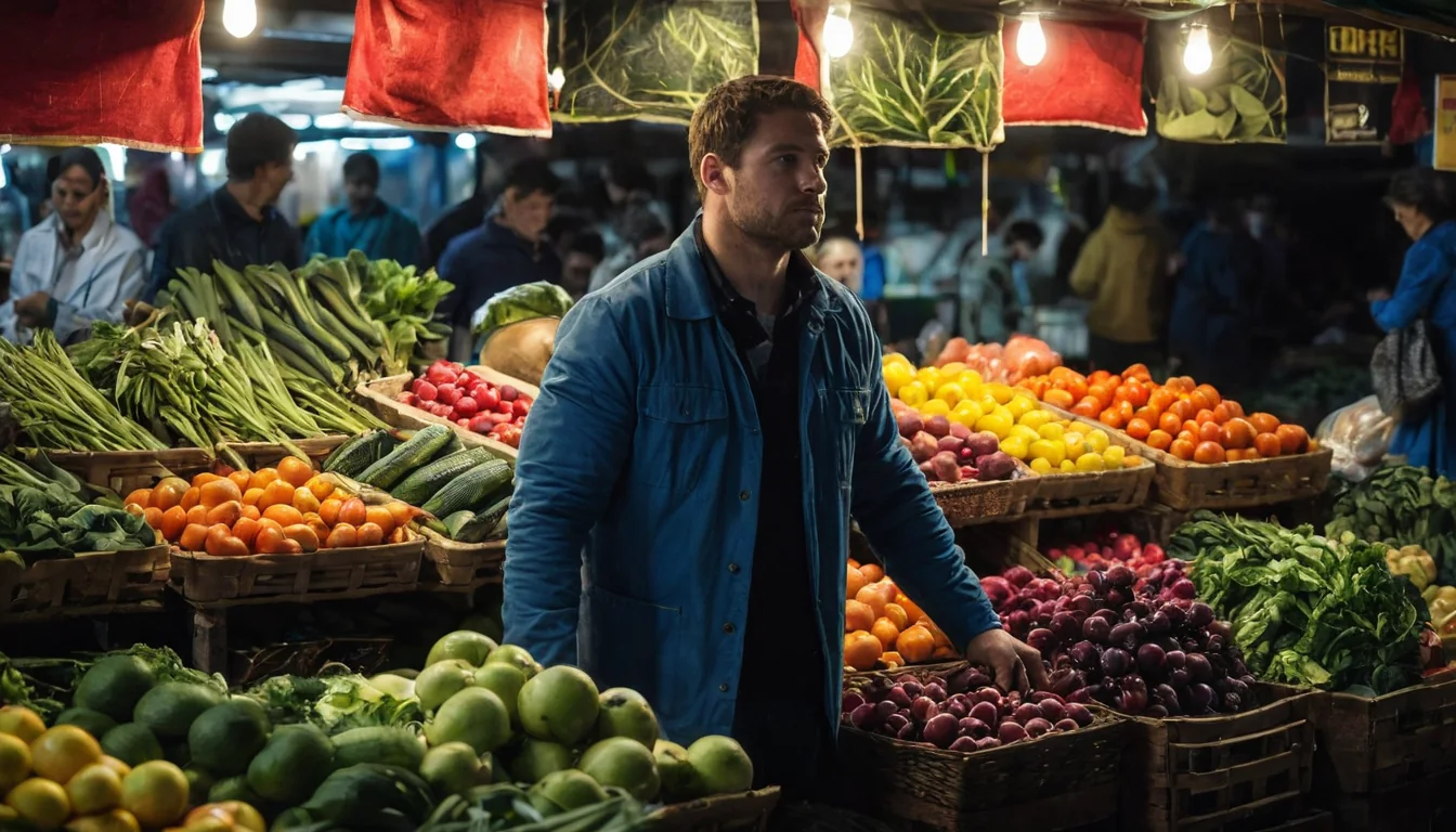 Man in blue jacket selecting produce at colorful indoor market stall