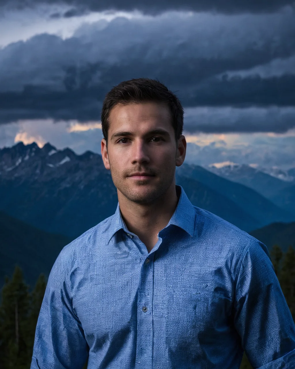 Man in blue shirt standing in front of mountains under stormy sky