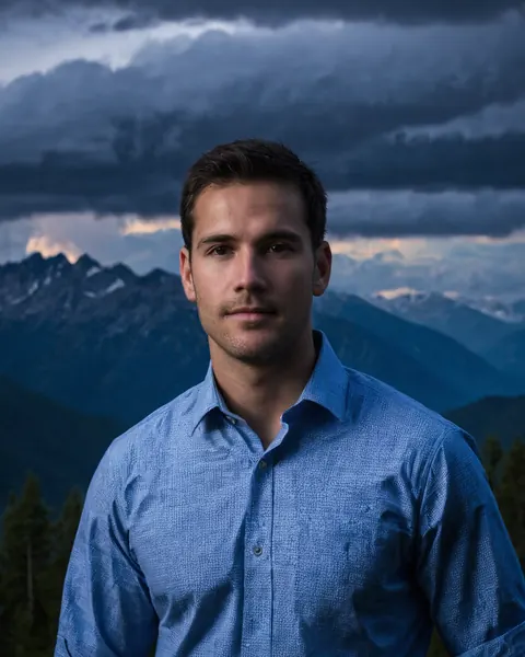 Man in blue shirt standing in front of mountains under stormy sky