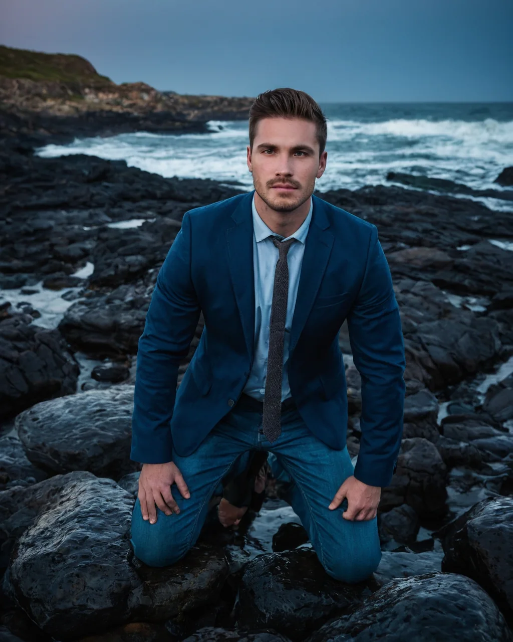 Man in blue suit kneeling on wet volcanic rocks by crashing ocean at twilight