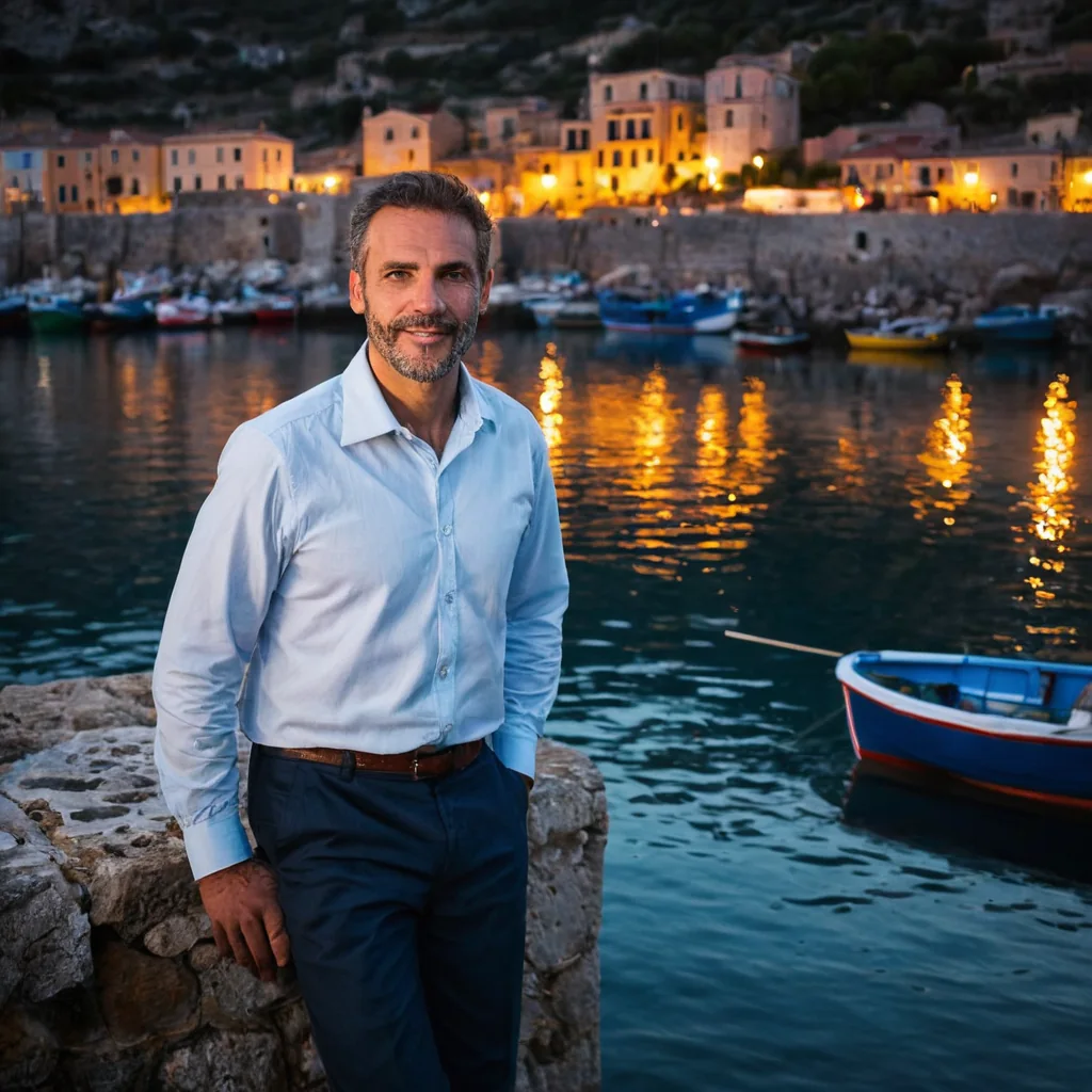 Man in light blue shirt standing by stone pier at twilight with glowing harbor lights and boats in water