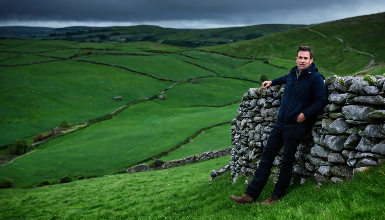 Man leaning on stone wall in green countryside under cloudy sky