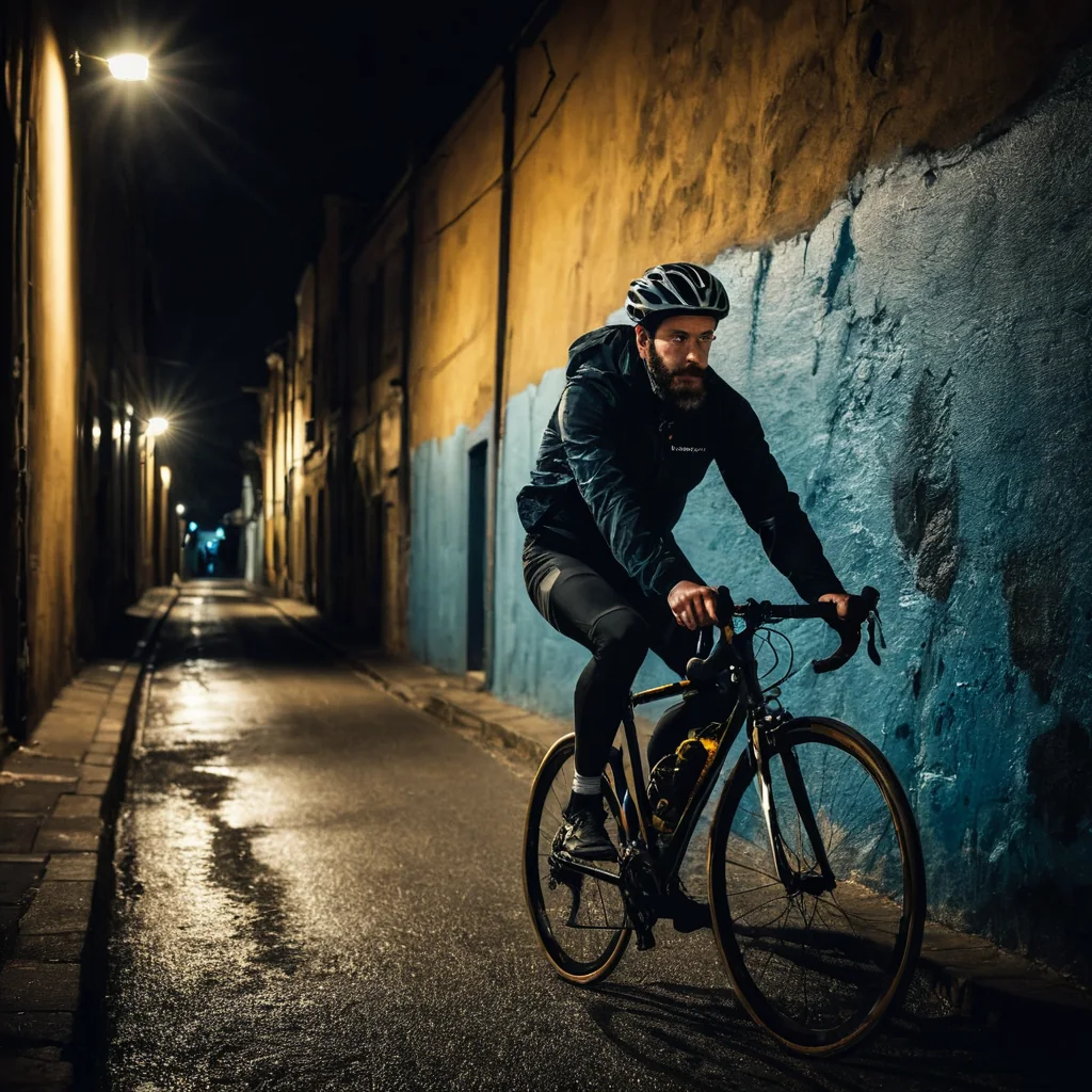 Man riding bicycle down narrow wet alley at night under streetlights