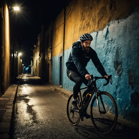 Man riding bicycle down narrow wet alley at night under streetlights