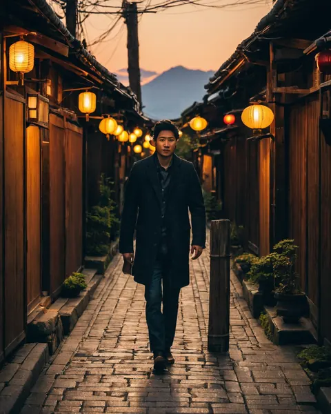 Man walking down a narrow alleyway lit by warm lanterns at dusk with mountains in the background.