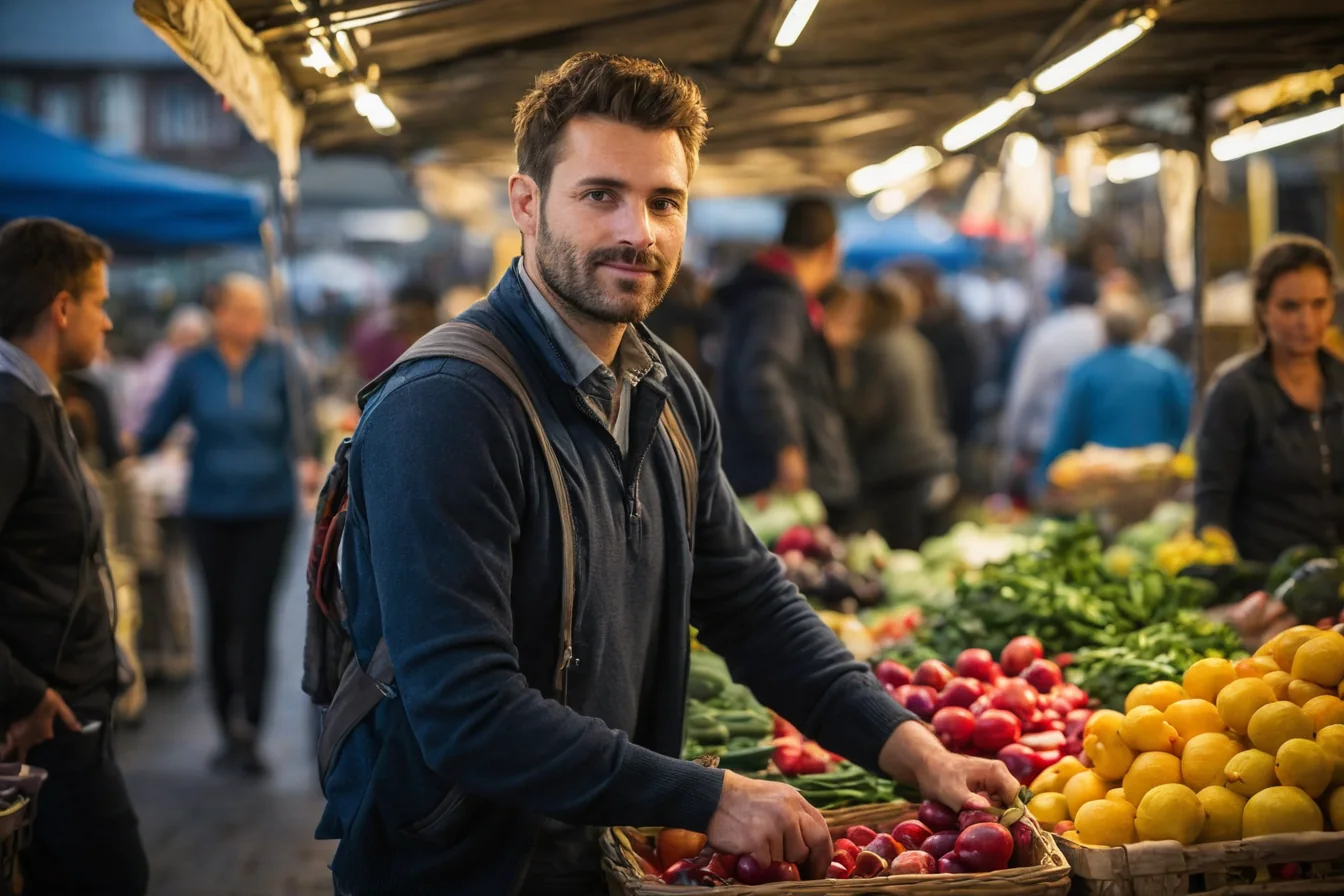 Man with backpack choosing plums at vibrant outdoor market stall with lemons and veggies.