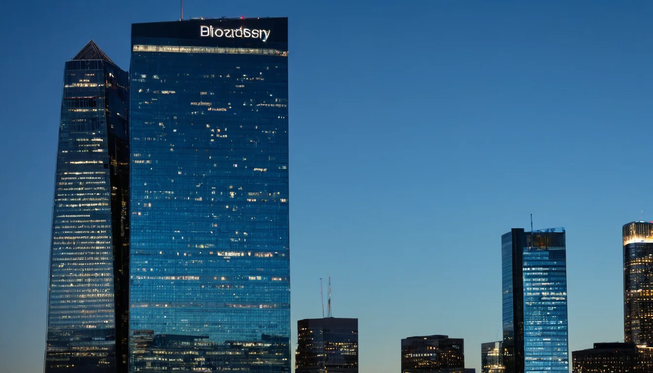 Modern glass skyscrapers illuminated at dusk with blue sky background