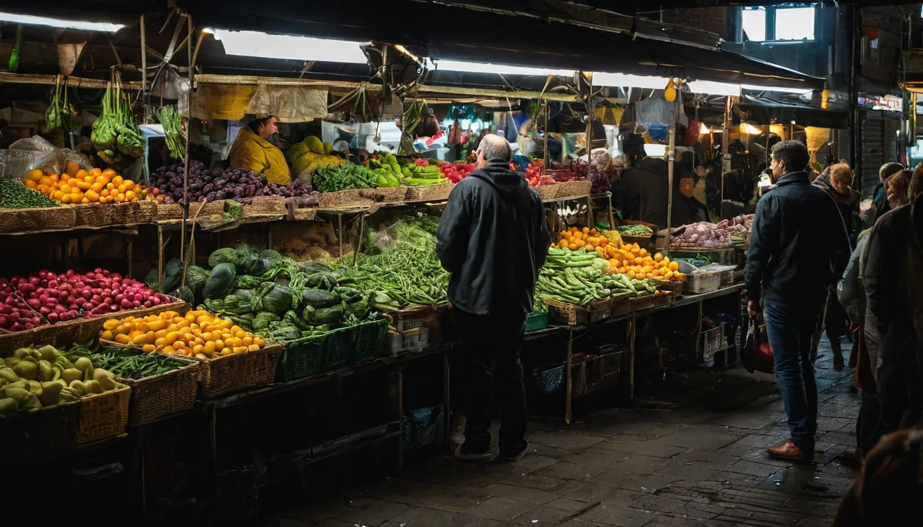 Night market with people browsing fresh vegetables and fruits under bright lights.