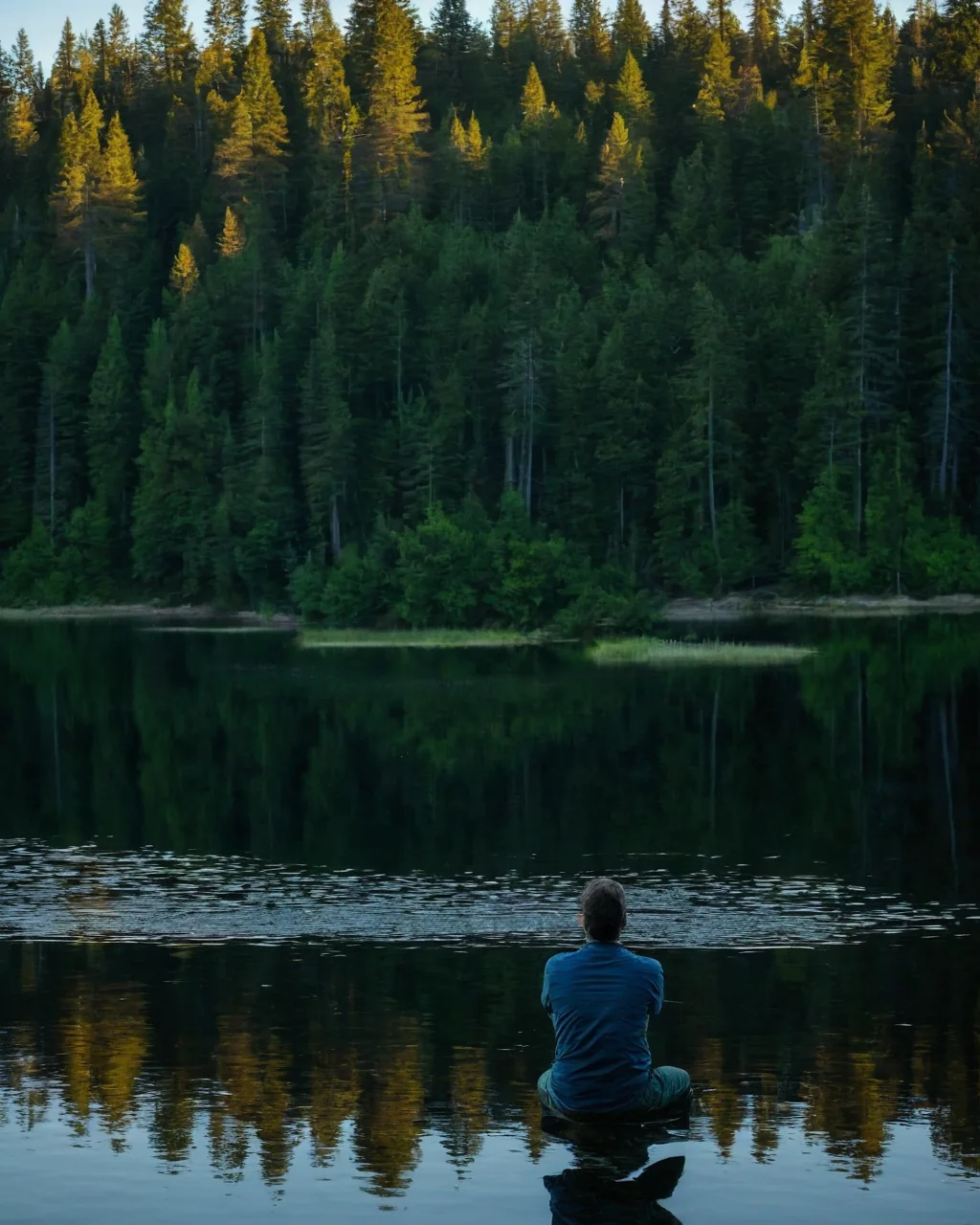Person sitting in water facing forest with golden sunlight filtering through trees