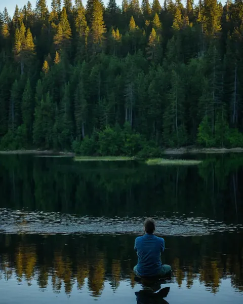 Person sitting in water facing forest with golden sunlight filtering through trees