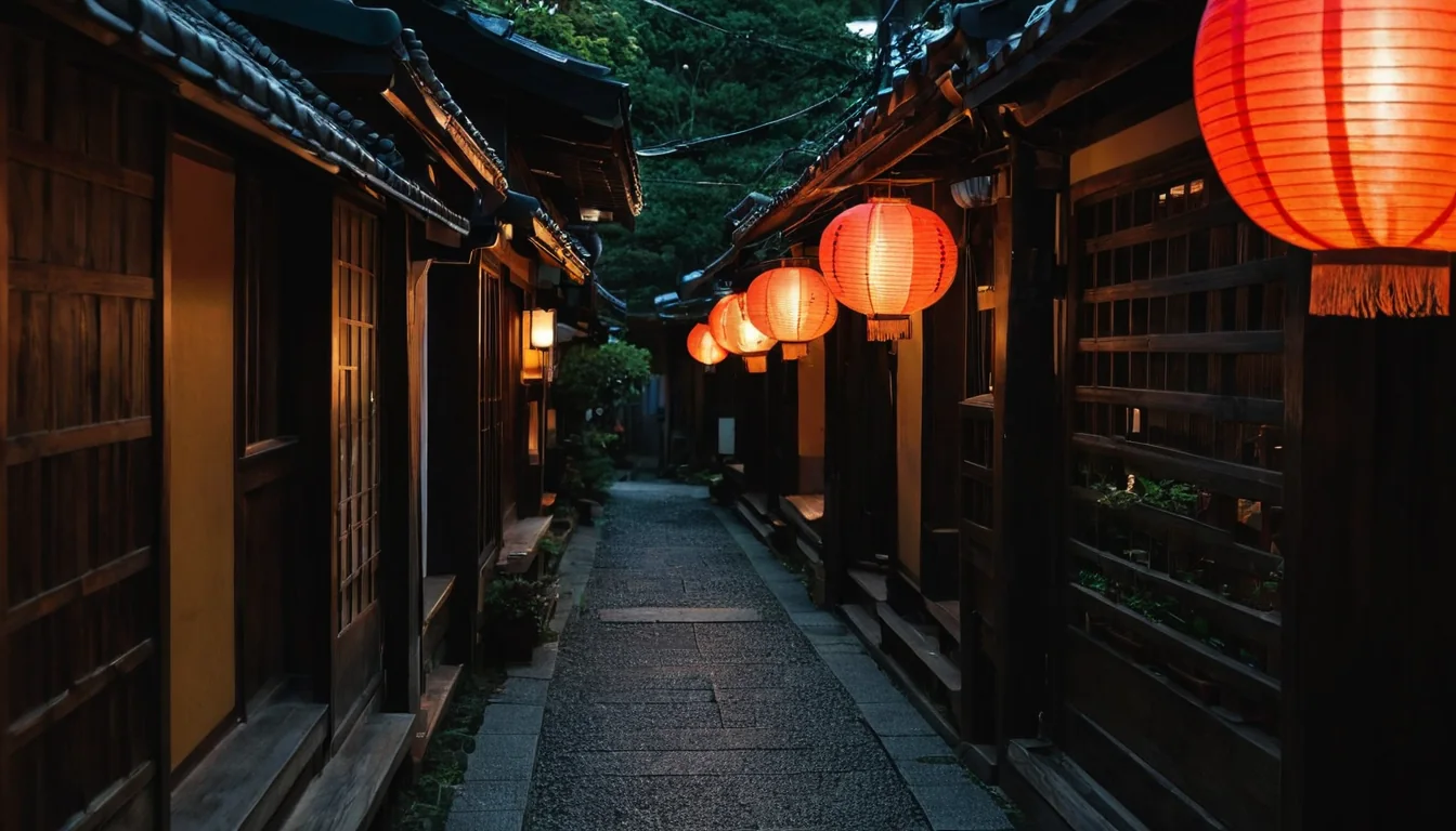 Red paper lanterns illuminate a quiet stone alleyway between wooden buildings at night.