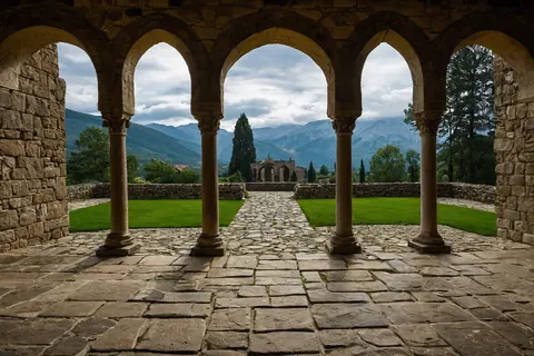Stone arches overlook a path to mountains under cloudy skies
