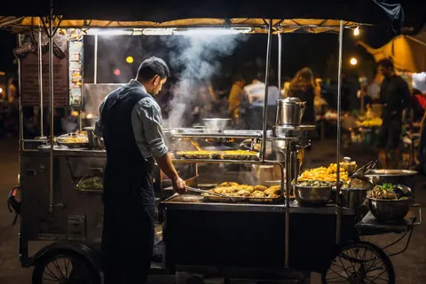 Street vendor cooking food on a cart at night with steam rising.
