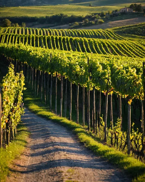 Sunlit dirt path winding through rows of green grapevines with rolling hills and a stone farmhouse in the distance.