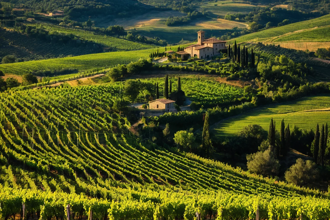 Terraced vineyards on rolling hills with stone buildings and cypress trees bathed in golden sunlight.