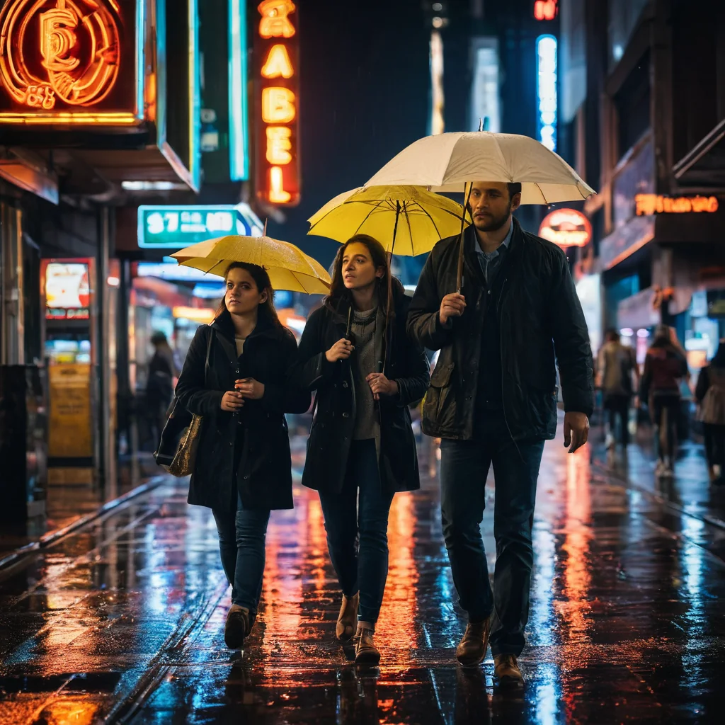 Three people walking in the rain under umbrellas on a neon-lit city street at night.