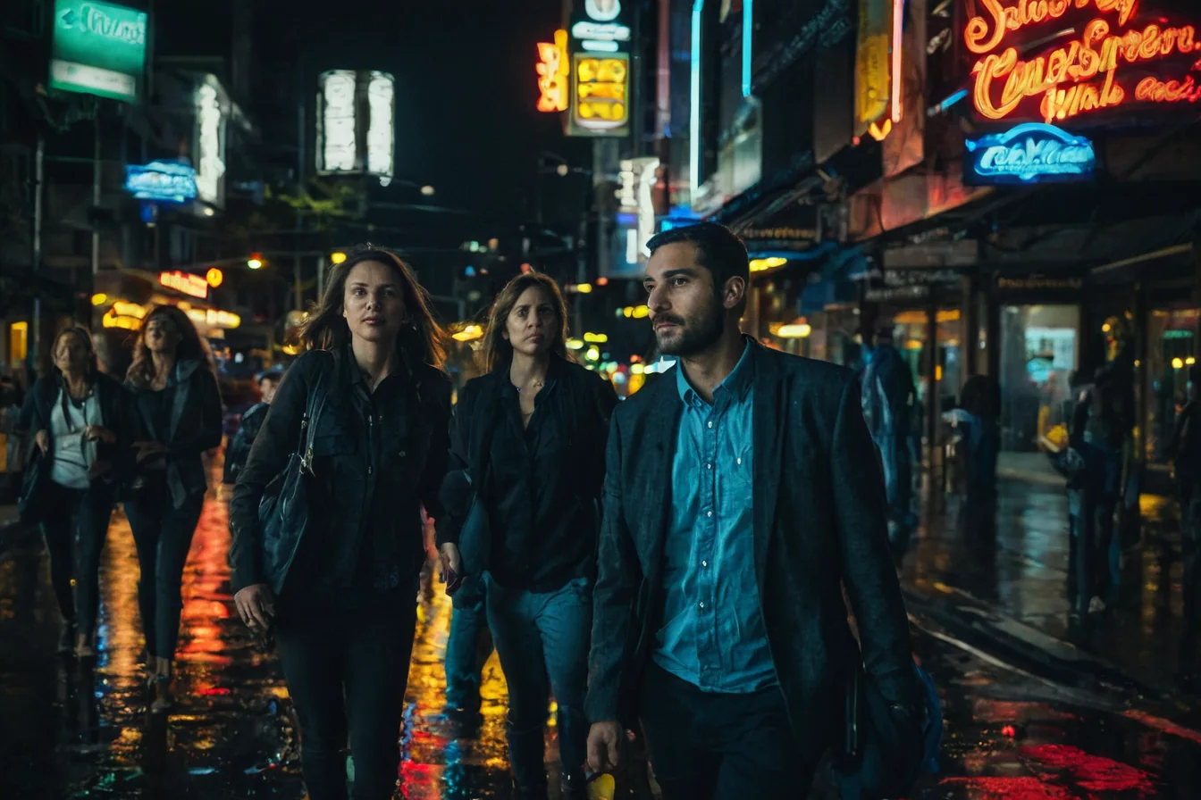 Three people walking on a wet city street at night under glowing neon signs.