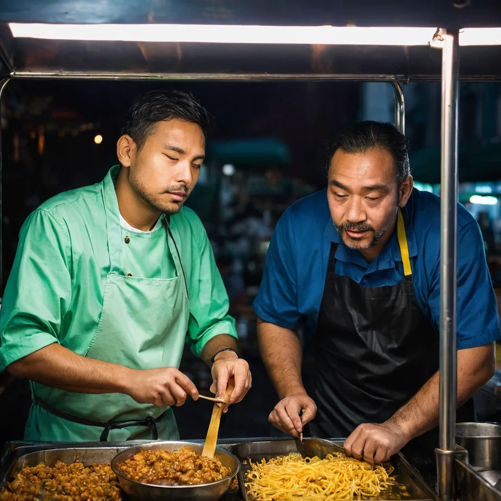Two chefs preparing noodles and sauce at a street food cart at night.