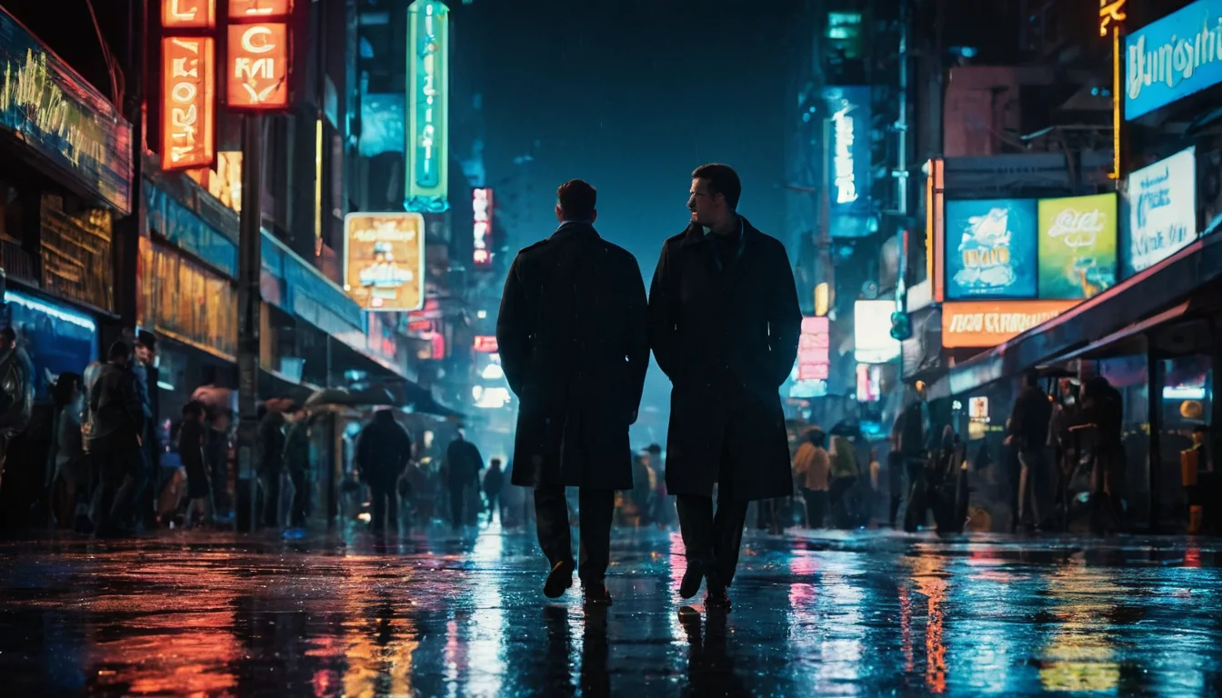 Two men walking down a rainy neon-lit city street at night with wet pavement reflections.