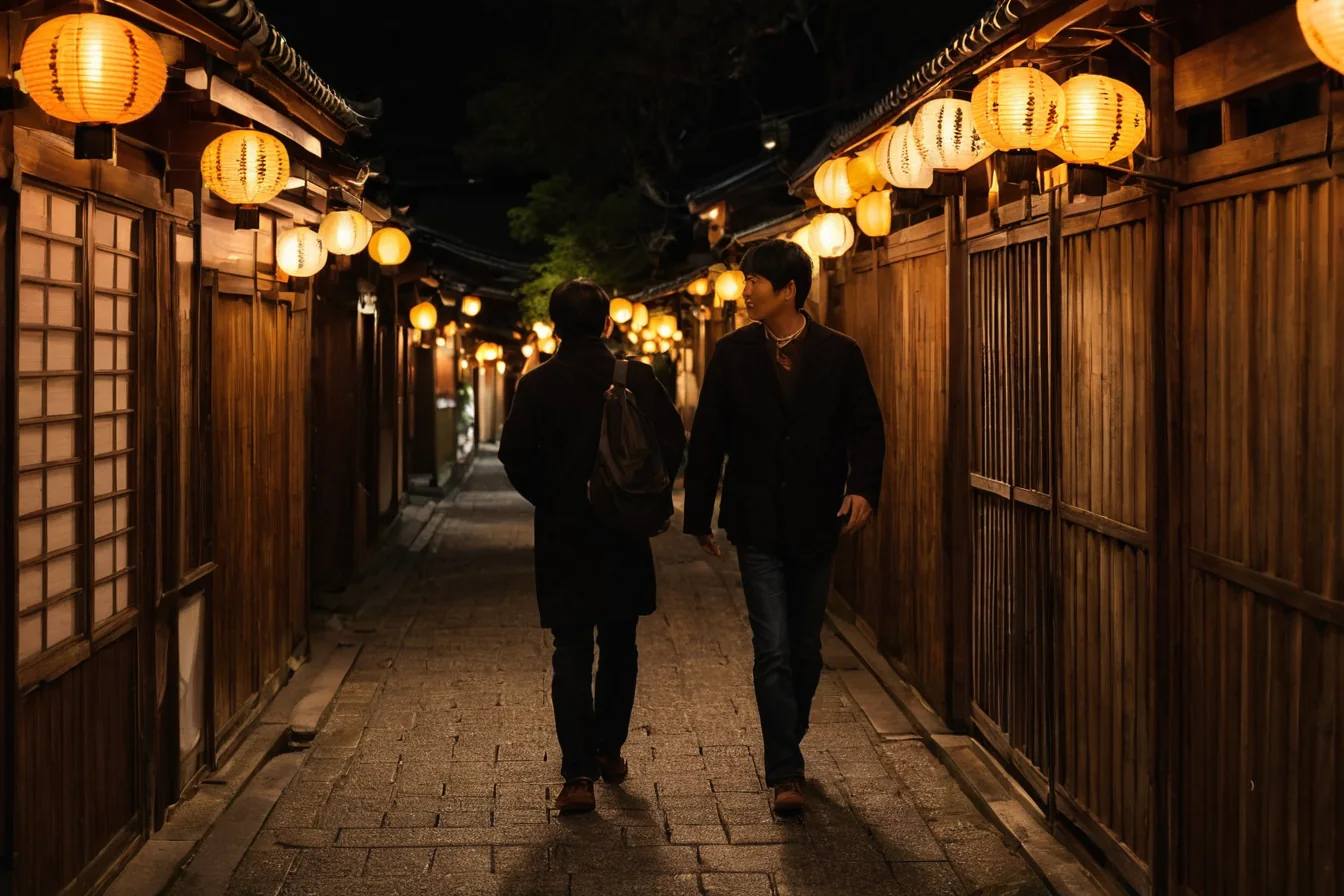 Two people walking down a lantern-lit wooden alley at night