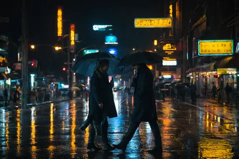 Two people walking under umbrellas on a rainy city street at night with neon lights reflecting on wet pavement.