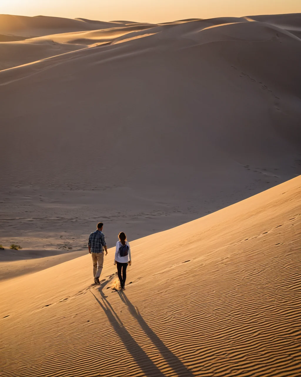 Two people walking up a sand dune at golden hour casting long shadows